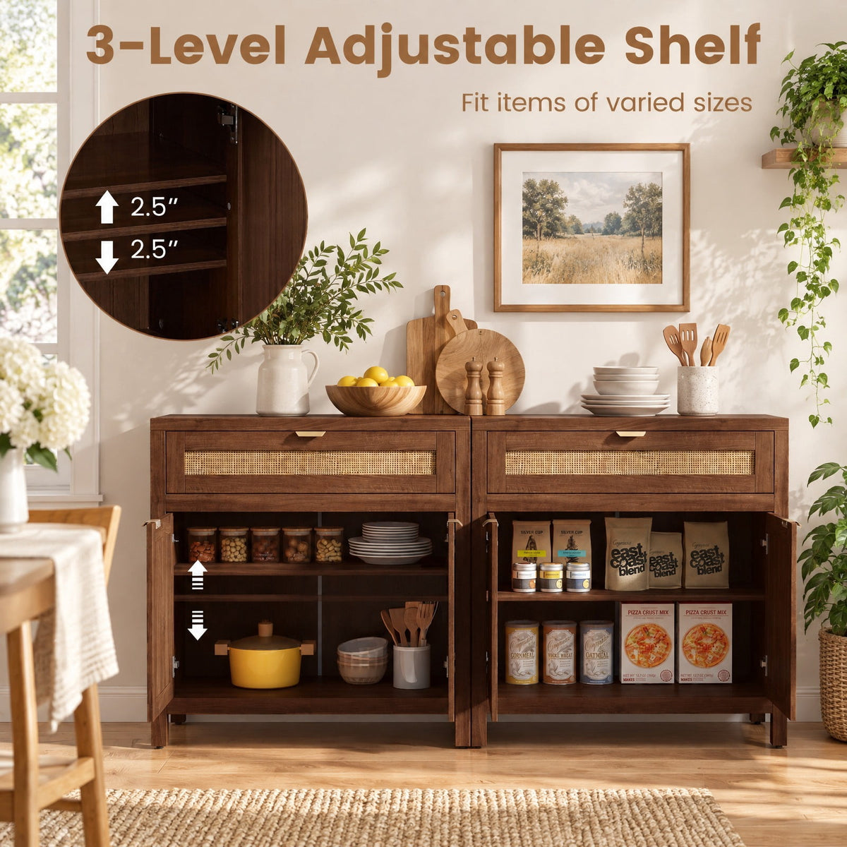 Airfind Sideboard Storage Cabinet with Rattan Doors and Drawer, 155 lbs Capacity, Engineered Wood MDF Rattan Metal Frame, Brown
