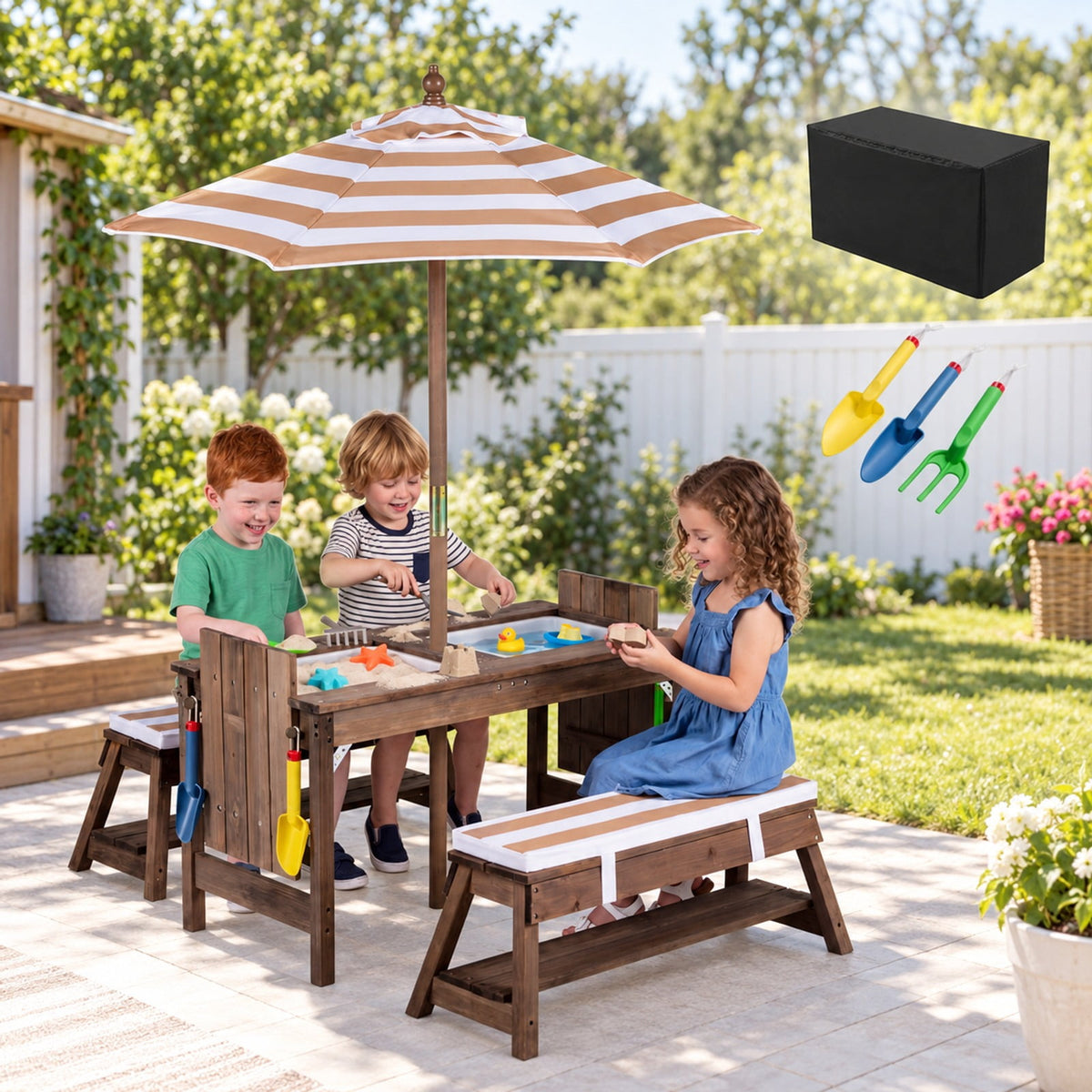 Airfind Outdoor Kids Wooden Picnic Table and Benches Set with Umbrella, 110 lbs Capacity, Fir Wood Nylon Fabric Sponge PP Frame, for 3+ Years Old