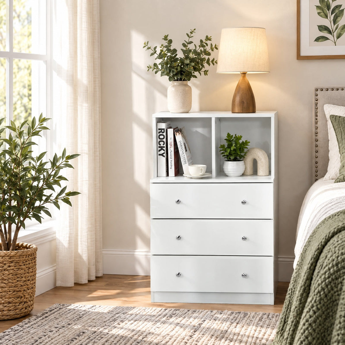 Airfind 3 Drawer Dresser with Cubbies Storage Chest for Bedroom Living Room, Engineered wood metal Frame, 24in x 16in x 37in Footprint, White