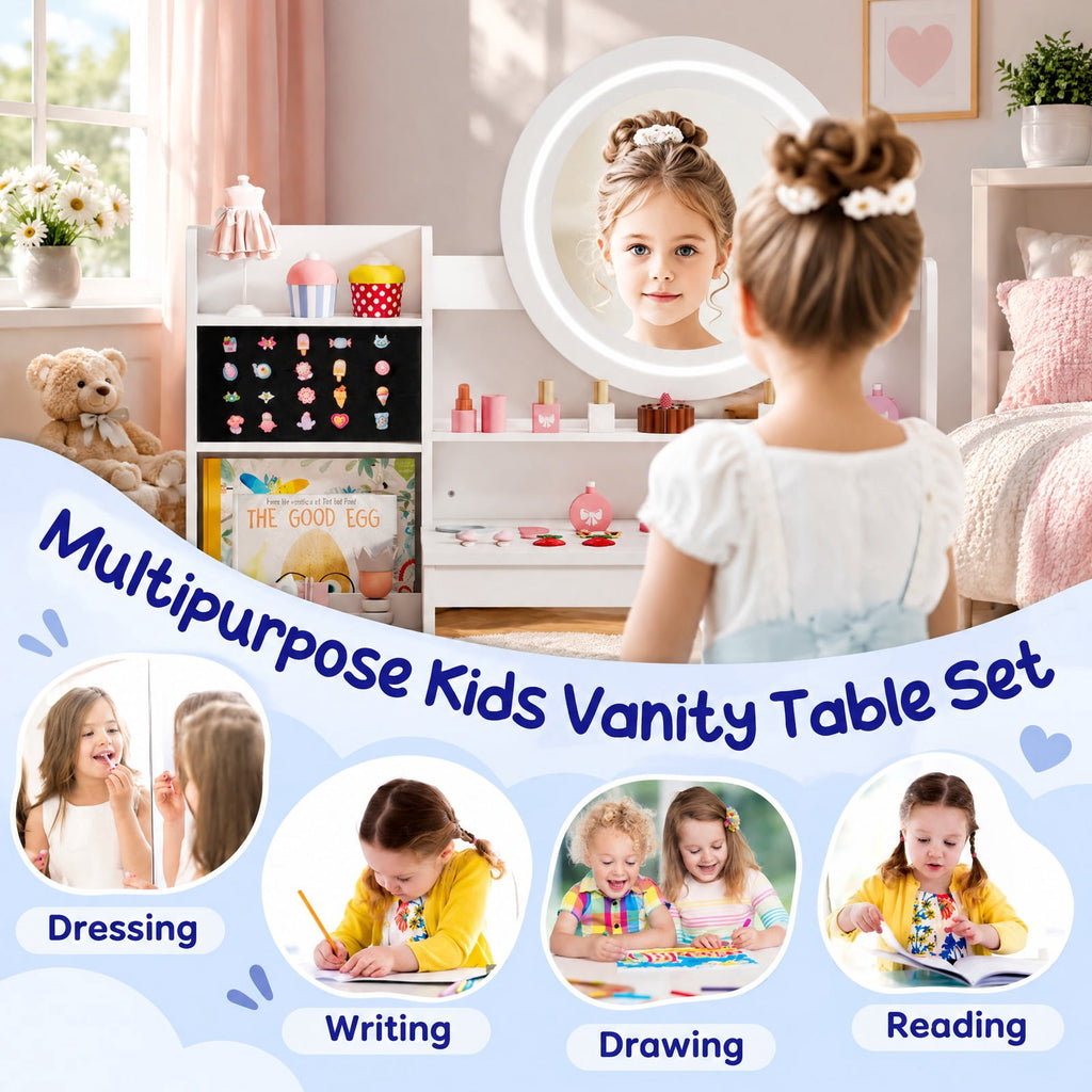 Airfind Kids Vanity Desk with Mirror and Lights Princess Pretend Play Dressing Table and Chair Set, 66 lbs Capacity, MDF Frame, for 3+ years old