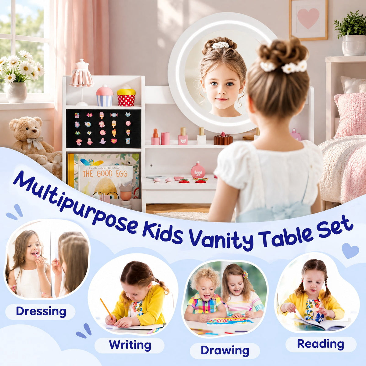 Airfind Kids Vanity Desk with Mirror and Lights Princess Pretend Play Dressing Table and Chair Set, 66 lbs Capacity, MDF Frame, for 3+ years old
