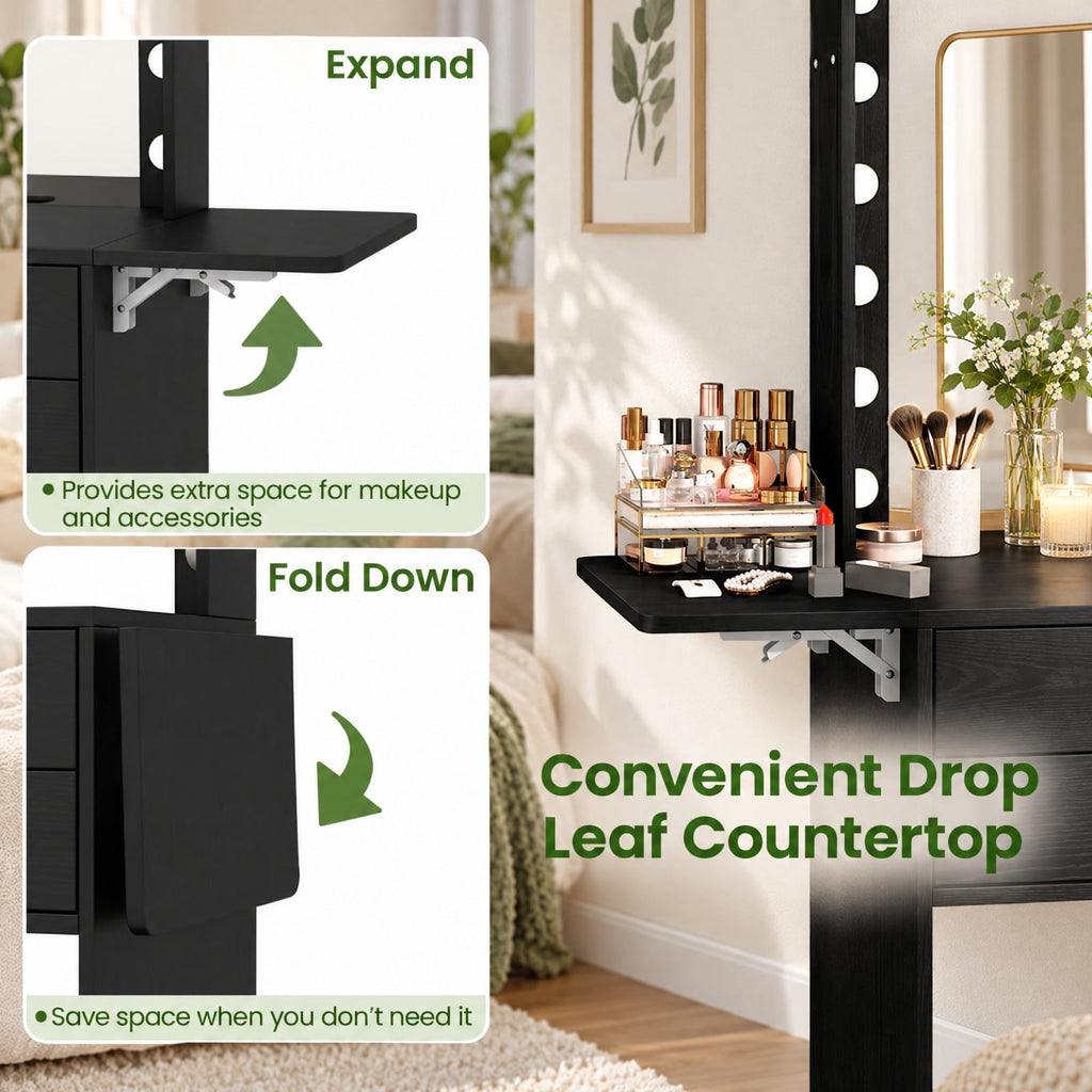 Airfind Compact Vanity Desk Set with 3-Color Lighted Mirror and Power Outlets, 50 kg Capacity, MDF Engineered Wood Glass Sponge Frame, Black