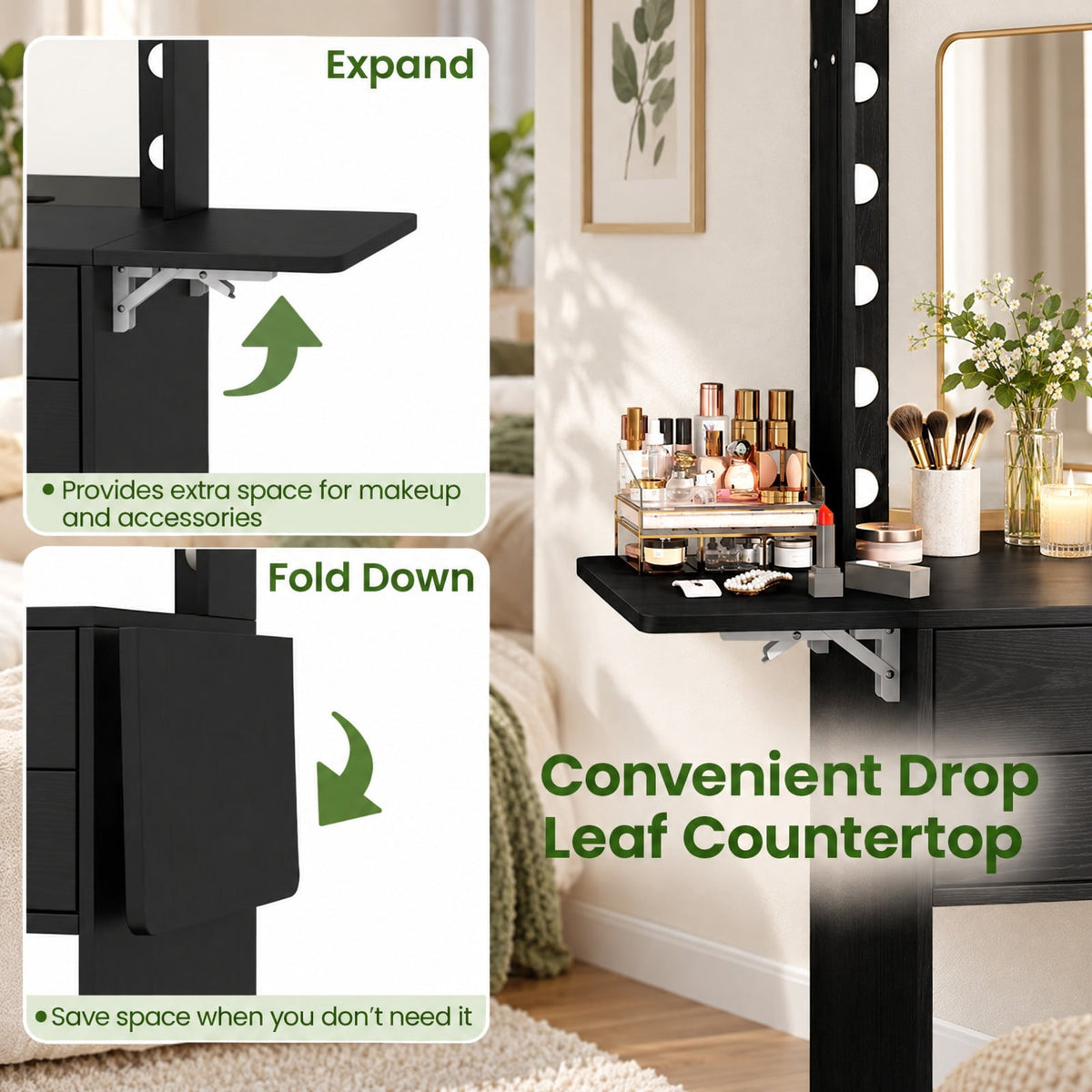 Airfind Compact Vanity Desk Set with 3-Color Lighted Mirror and Power Outlets, 50 kg Capacity, MDF Engineered Wood Glass Sponge Frame, Black