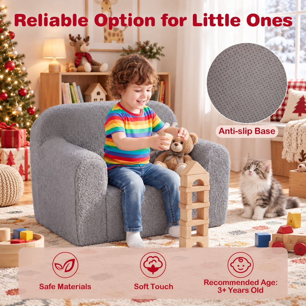 Airfind Youth Couch Portable Youth Sofa with Anti-slip Base, Teddy Fleece Fabric, for 3 and Years Old, 24.5 Inch X 16 Inch X 16 Inch, Gray