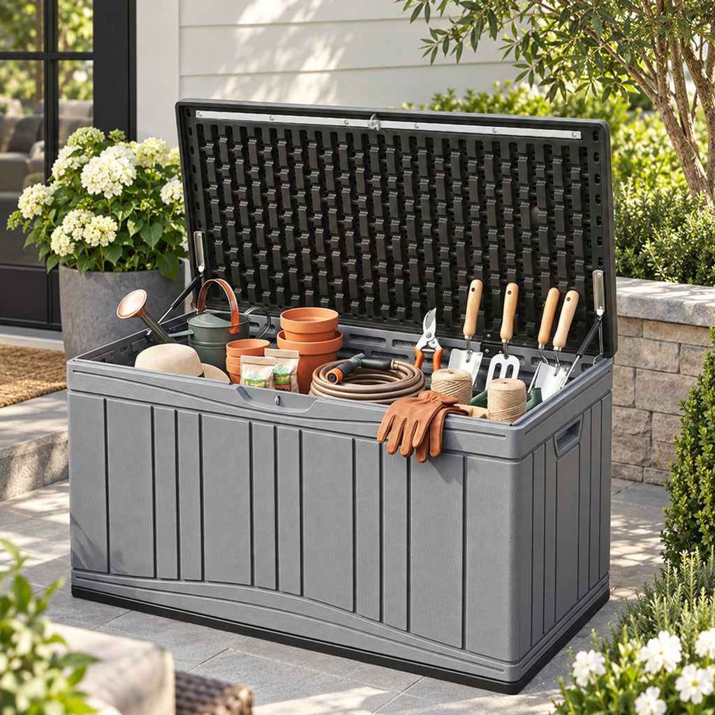 Airfind 80 Gallon Outdoor Deck Box with Lockable Lid for Garden Tools Cushions, 45 x 22 x 24Inner Footprint, Gray
