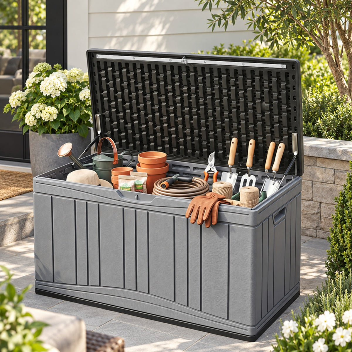 Airfind 80 Gallon Outdoor Deck Box with Lockable Lid for Garden Tools Cushions, 45 x 22 x 24Inner Footprint, Gray