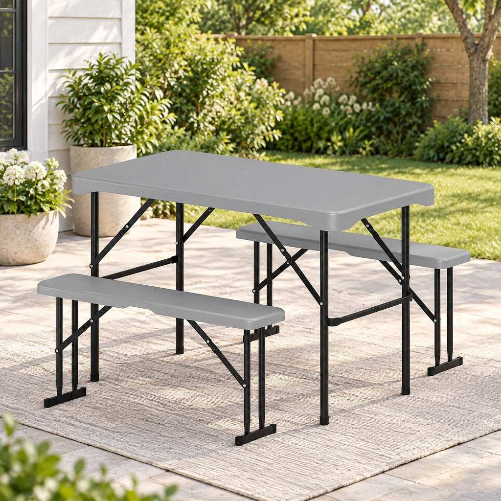 Airfind 44 Inch HDPE Folding Picnic Table Set with 2 Benches, 110 lbs Capacity, HDPE Metal Frame, 44 Inch x 24 Inch x28 Inch Footprint, Grey