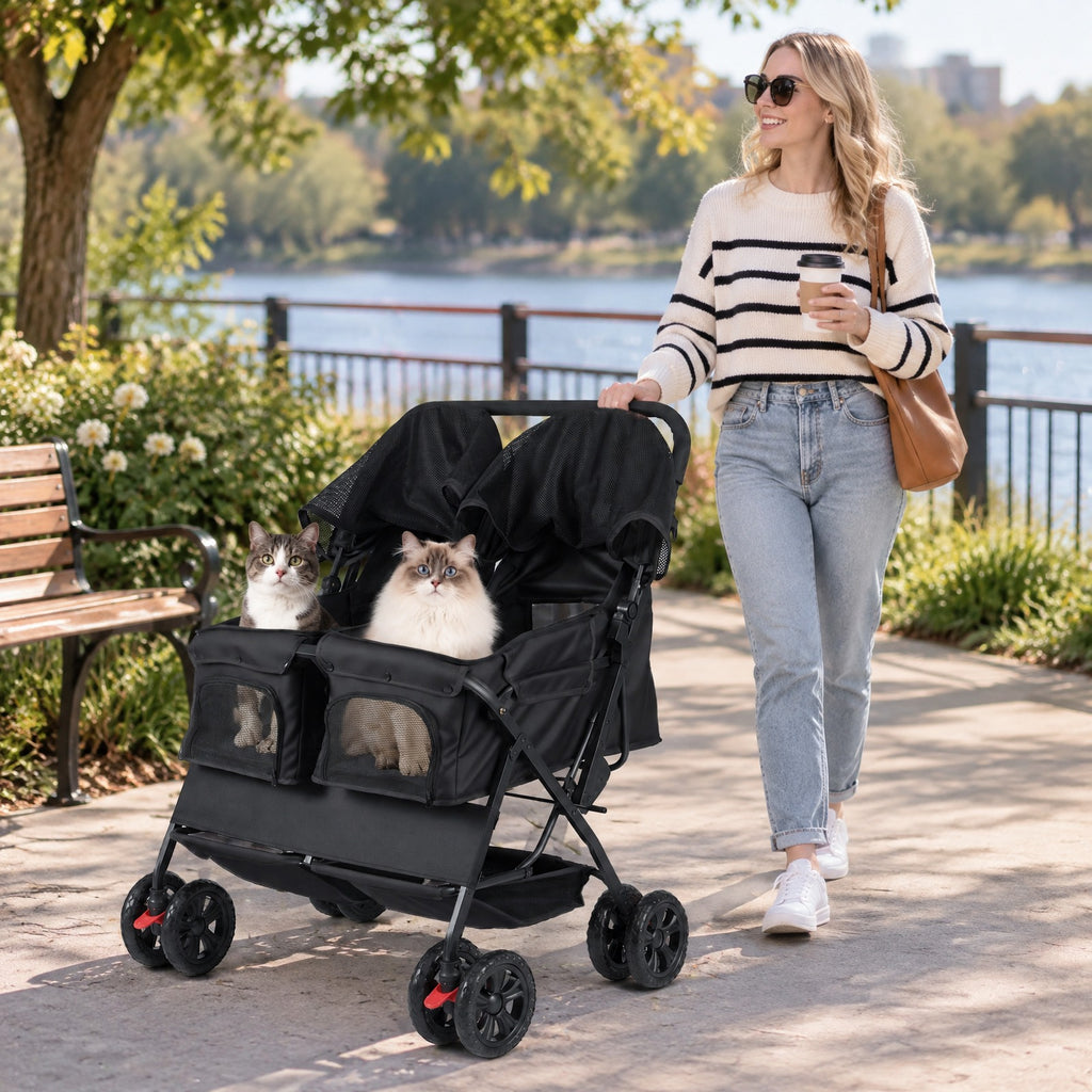 Airfind Foldable Double Pet Stroller with Adjustable Sunshade and Storage Basket, Aluminium Alloy Oxford Fabric PP EVA Frame, Black