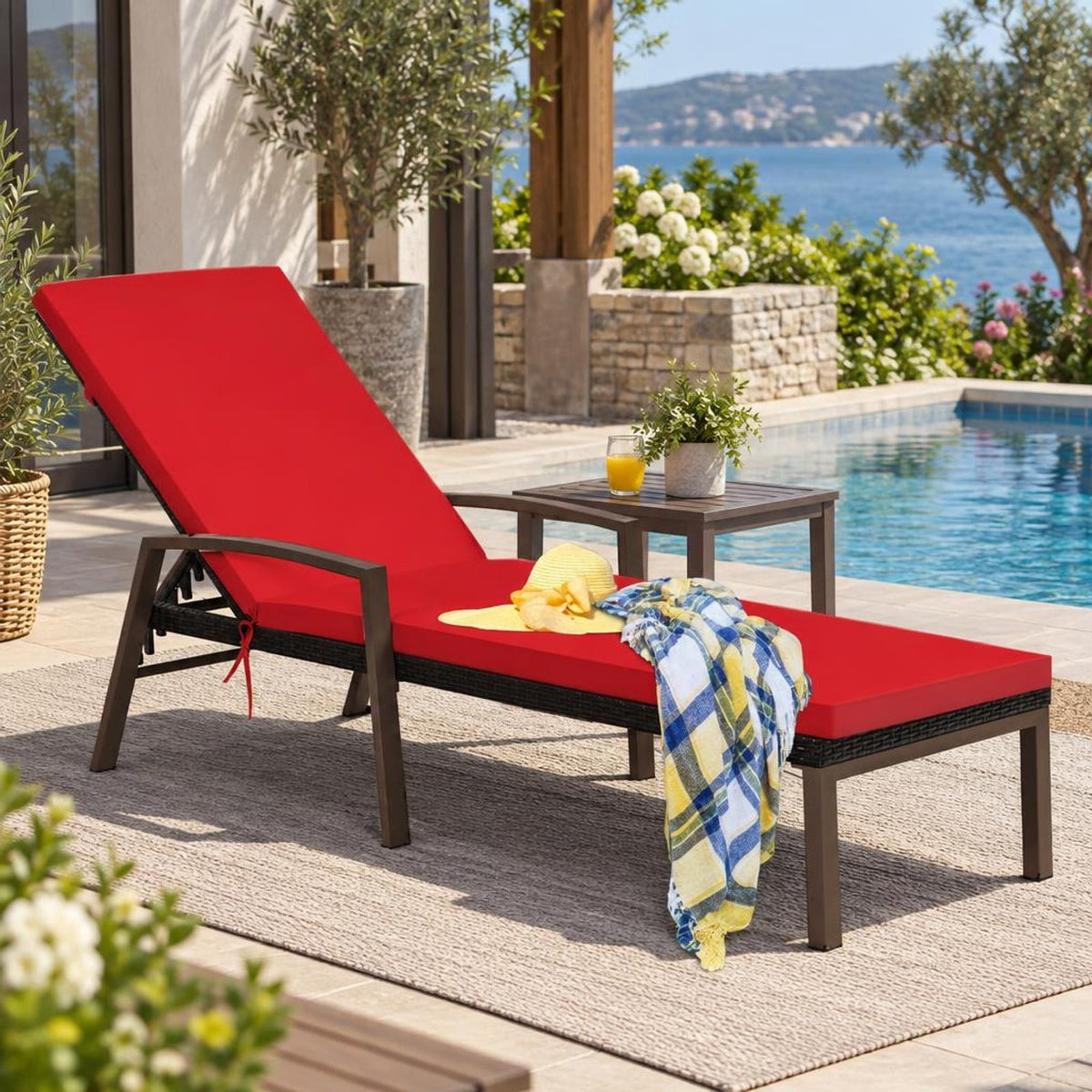 Airfind 2 Pieces Patio Rattan Adjustable Back Lounge Chair with Armrest and Removable Cushions, 400 lbs Capacity, Steel Rattan Frame, Red