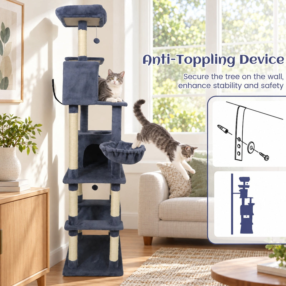 Airfind 80 Inches Tall Cat Tree with 2 Large Condos and Dangling Toys, 33 lbs Capacity, Engineered Board Sisal Plush Fabric Sponge Frame, Dark Gray