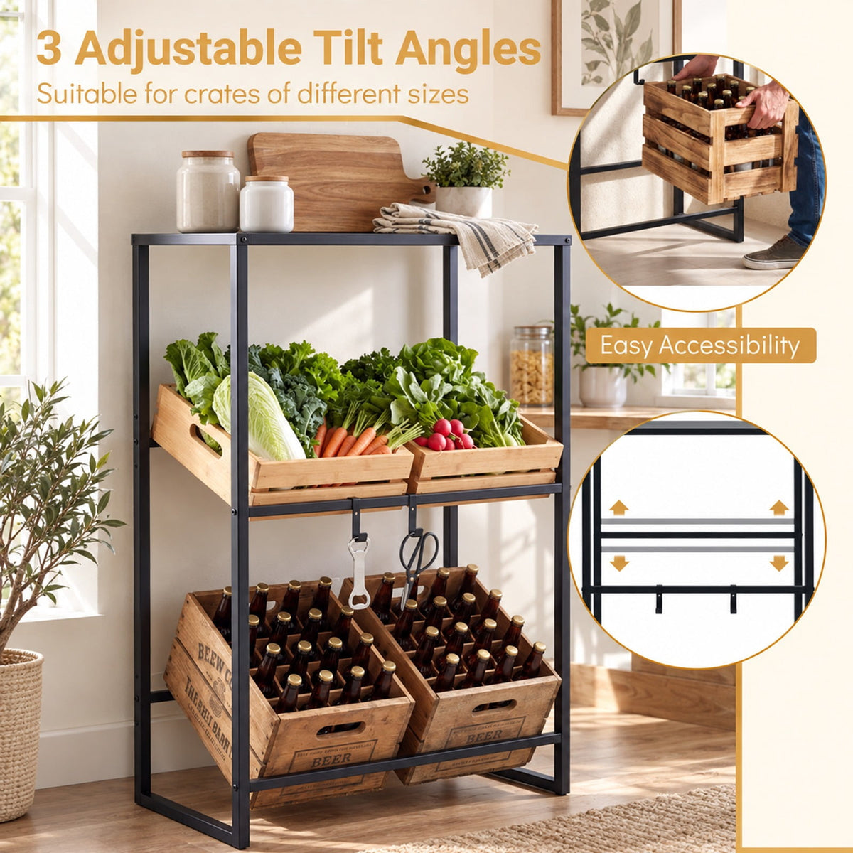 Airfind 3-Tier Drink Crate Rack with Shelf for Beer and Water for Kitchen and Garage, 44.1 lbs Capacity, Metal Frame, Black