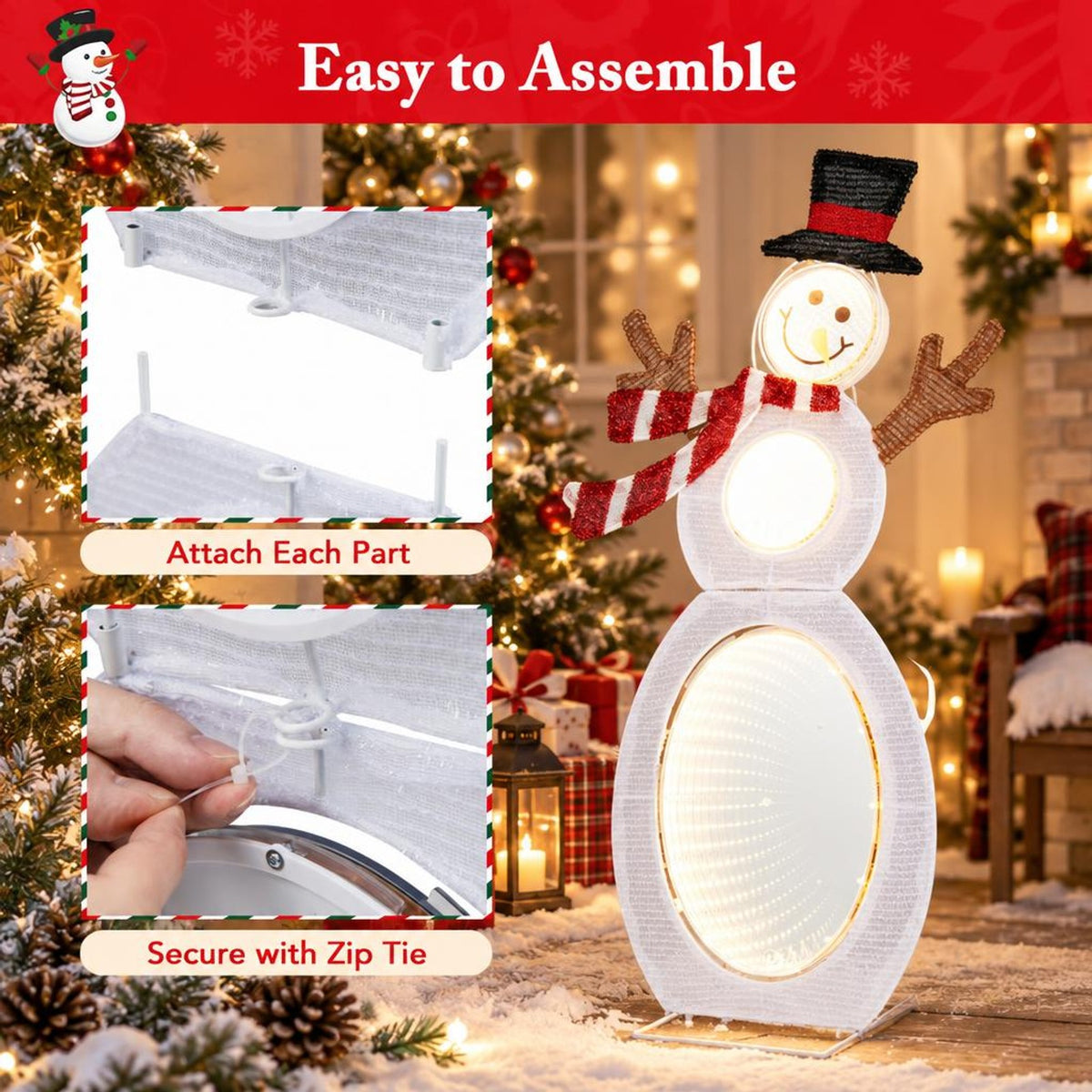 AIRFIND Lighted Snowman Christmas Decoration, 2.6 ft Figure with 105 LED Lights, Mirror Accents, Metal Stand and Ground Stakes for Yard Display