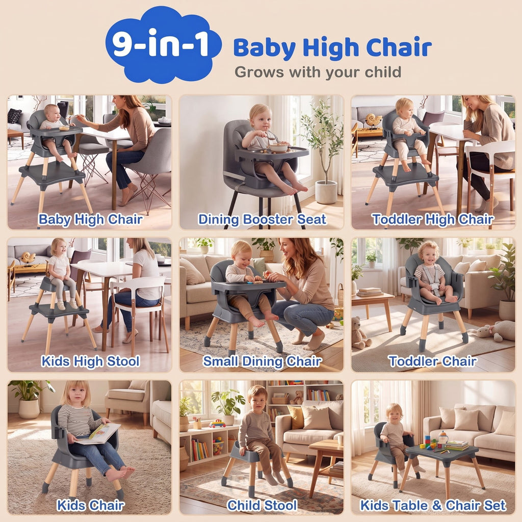 Airfind 9-in-1 Convertible High Chair with Solid Wood Legs for Babies and Toddlers, 33 lbs Capacity, PP Frame, for 6 months to 3 years old, Gray