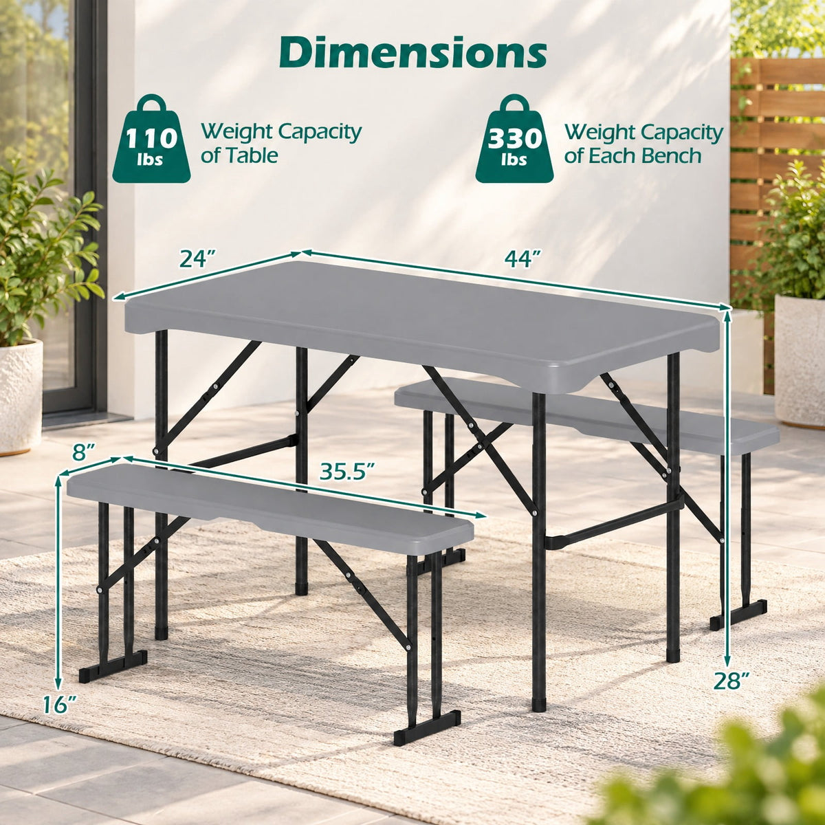 Airfind 44 Inch HDPE Folding Picnic Table Set with 2 Benches, 110 lbs Capacity, HDPE Metal Frame, 44 Inch x 24 Inch x28 Inch Footprint, Grey