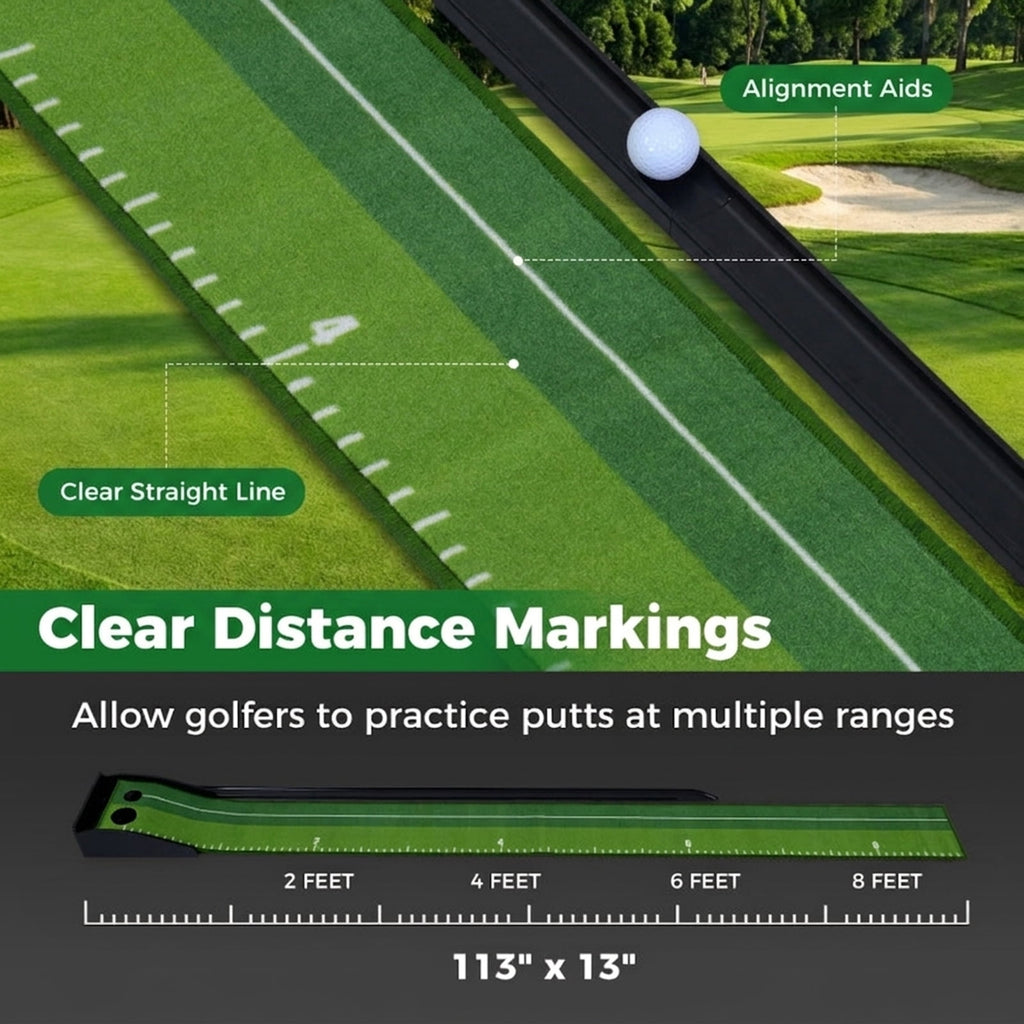 Airfind 9.4 ft Putting Green Mat with Side Auto-Return Track, 2 Hole Sizes and 3 Balls, Green