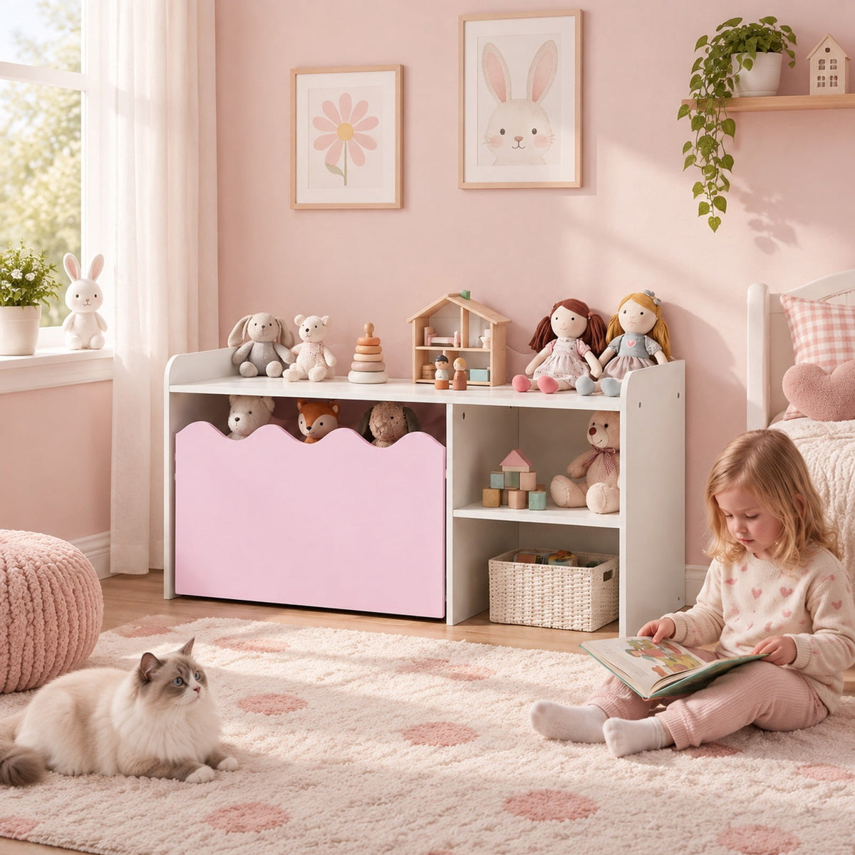 Airfind Scalloped Kids Bookshelf and Toy Storage Organizer for Playroom, 77 lbs Capacity, MDF Frame, for 3+ Years Old, 35 Inch x 16 Inch x 18 Inch Footprint