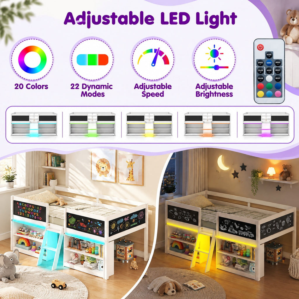 Airfind Low Loft Bed with LED Lights Youth Cabin Bed with Bookcases, 250 Lbs Capacity, Solid Wood Plywood MDF Engineered Wood, White