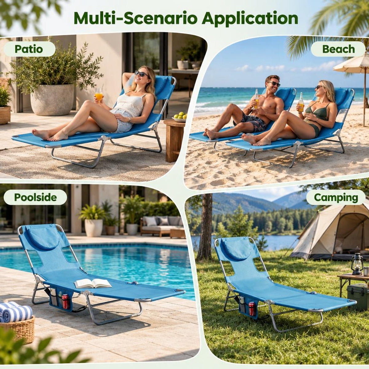 Airfind Folding Beach Lounge Chair with Adjustable Backrest for Lawn, 330 lbs Capacity, Metal Oxford Fabric Polyester Sponge Frame, Blue
