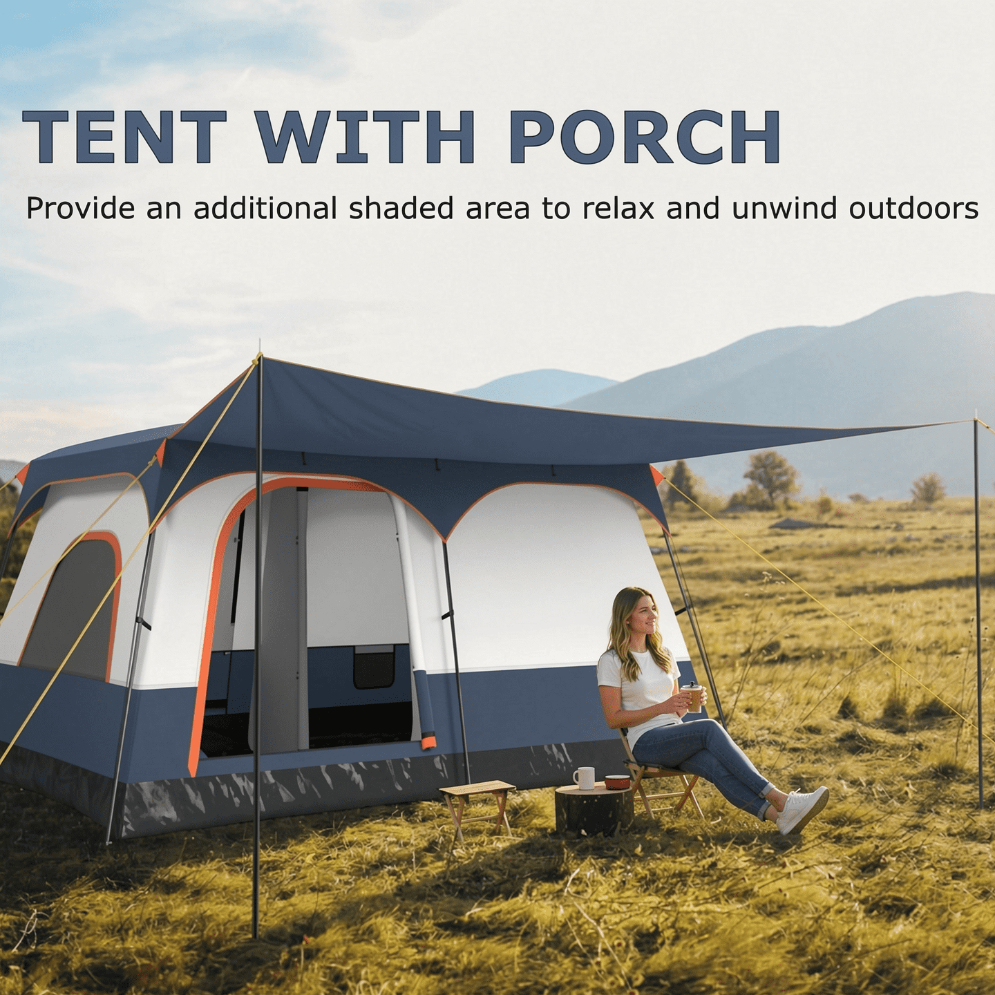 Airfind 6-8 Person Large Family Camping Tent with Porch, 2 Rooms and 2 Doors, Waterproof Cabin Tent with Skylight and Rainfly, Navy
