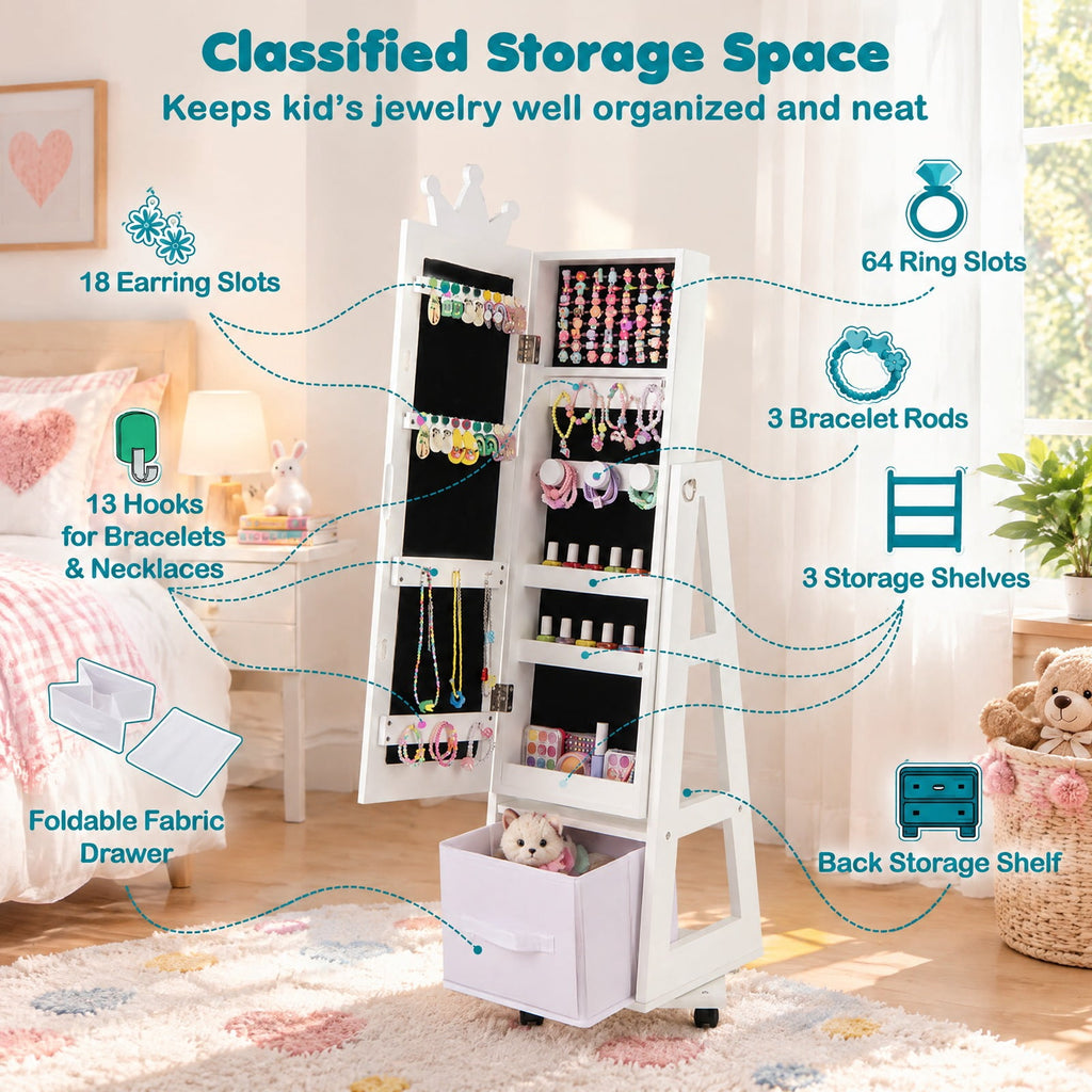 Airfind Kids Jewelry Armoire Cabinet with Swivel Base and Lockable Universal Wheels, 12.5 x 12 x 47Net Weight 19.5 lbsBox Qty1 Footprint
