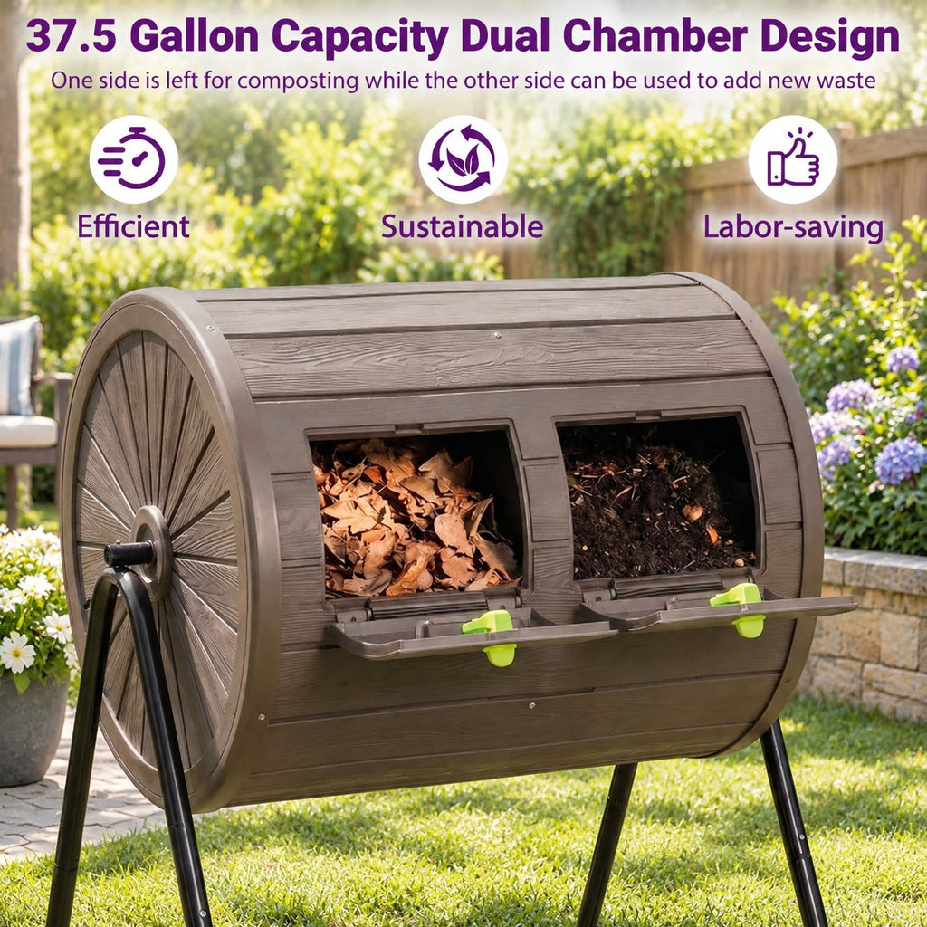 Airfind Compost Tumbler 37.5 Gallon Large Outdoor Compost Bin, PP Metal Frame, 28 x 25 x 36 Barrel Bin Footprint, Coffee