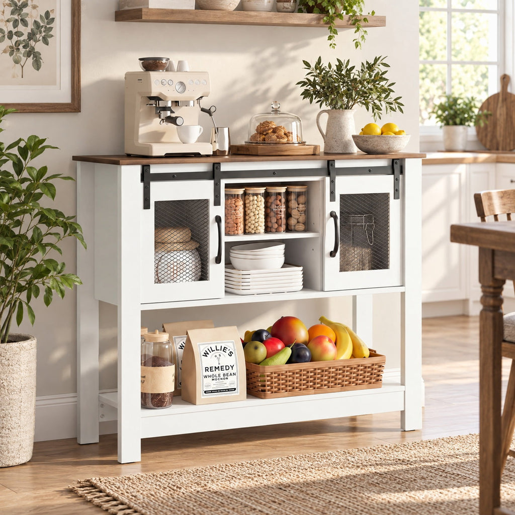 Airfind Console Table with Sliding Barn Doors and Storage Cabinets, 150 lbs Capacity, Engineered Wood Metal Frame, 40 x 12.5 x 32 Footprint, Gray