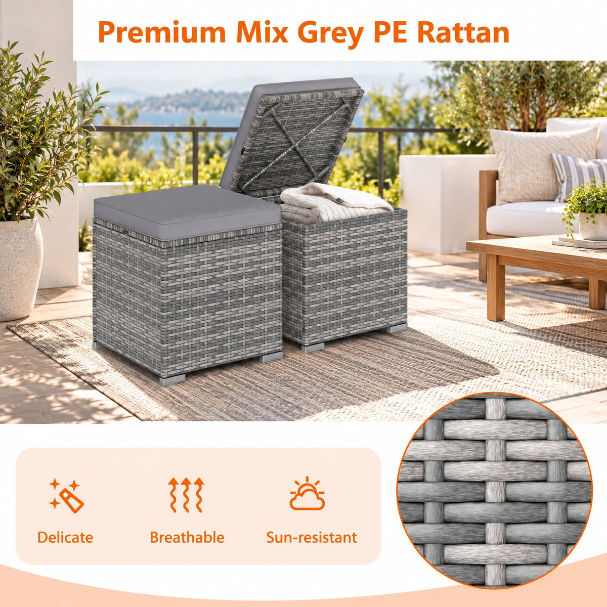 Airfind 2 Pieces Patio Ottoman with Hidden Storage Space-Mix Grey, 350 lbs Capacity, Metal PE Rattan Sponge Polyester Frame, Grey