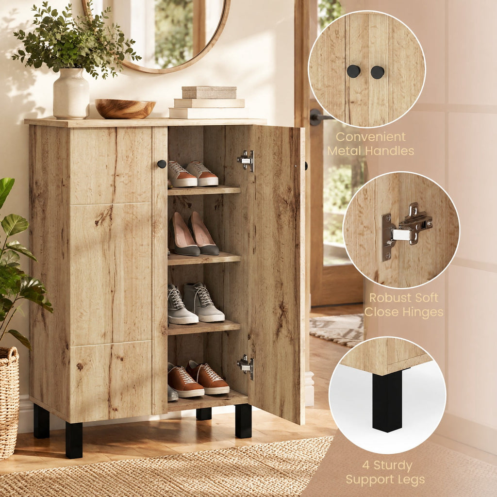 Airfind 4-Tier Shoe Organizer with Removable Shelves and 2 Doors, 88 lbs Capacity, MDF Engineered Wood Frame, 24 Inch x 13.5 Inch x 36 Inch Footprint, Natural