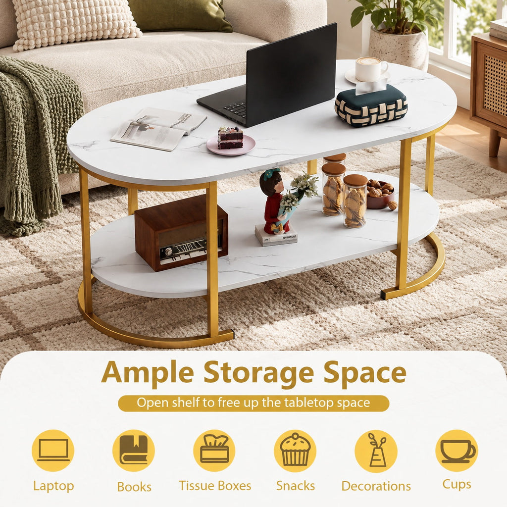 Airfind Oval Coffee Table 2-Tier Wooden Accent Table with Spacious Tabletop and Open Storage Shelf, Engineered Board Metal Frame, White
