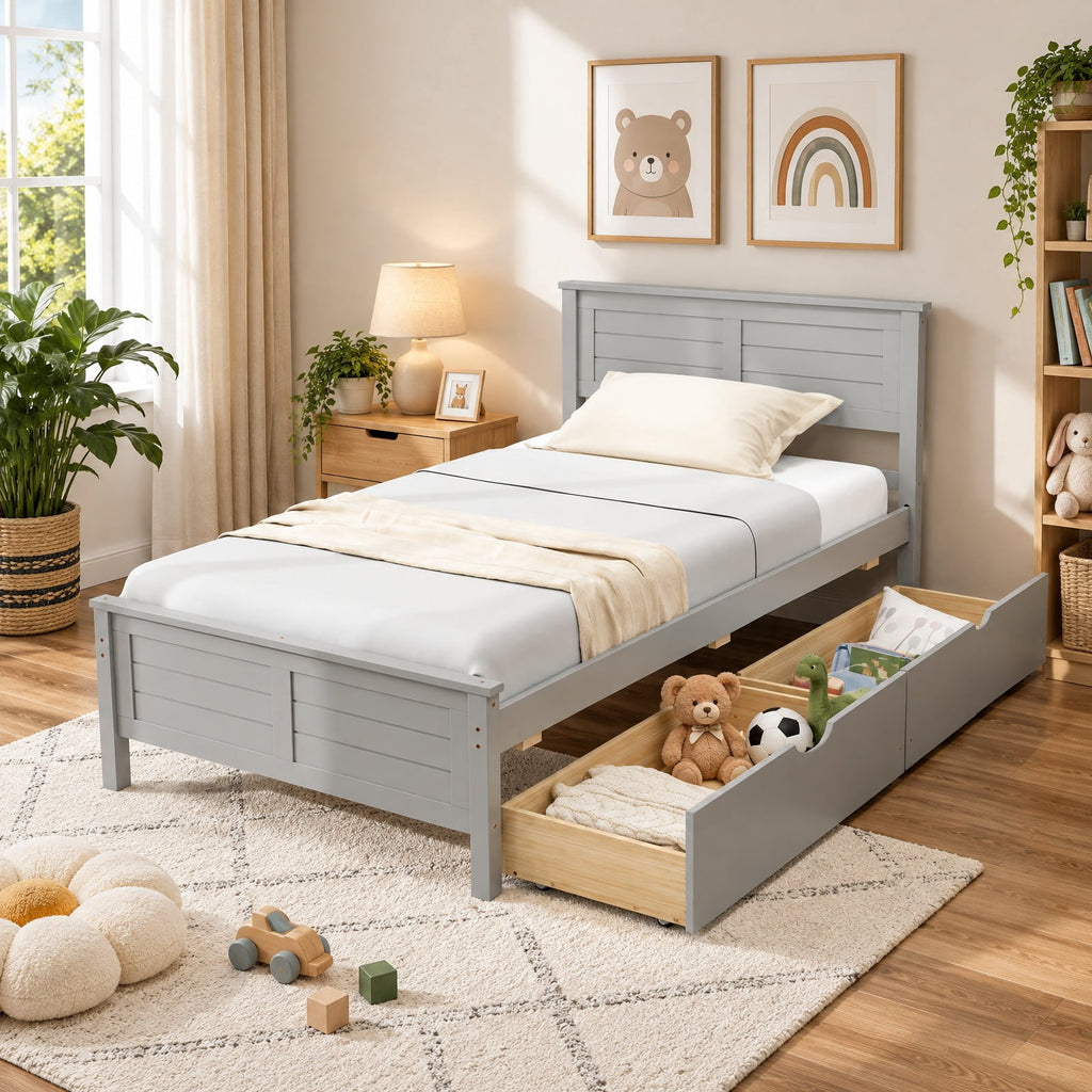 Airfind Twin Size Bed Frame with Storage Drawers, 350 lbs Capacity, Pine Wood Plywood MDF Engineered Wood Frame, Gray