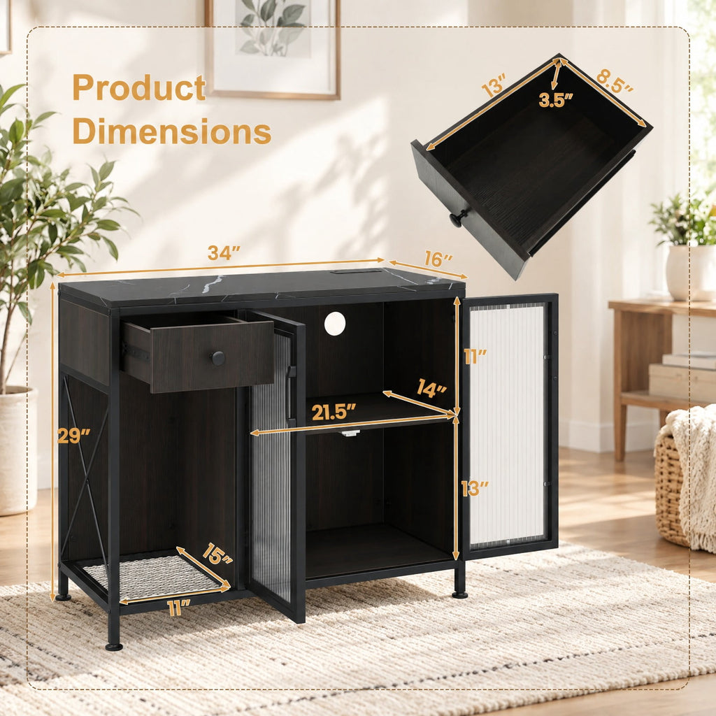 Airfind Buffet Sideboard with Doors, Power Outlets and LED Light, 110 lbs Capacity, Engineered Wood Cabinet for Dining Room, Black