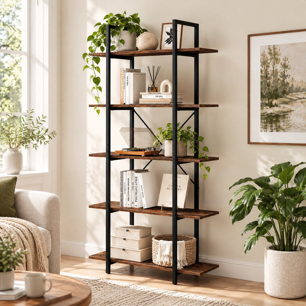 Airfind 5-Tier 62 Inch Tall Vintage Industrial Bookcase with Open Storage Shelves, 220 lbs Capacity, Engineered Wood Metal Frame, Brown