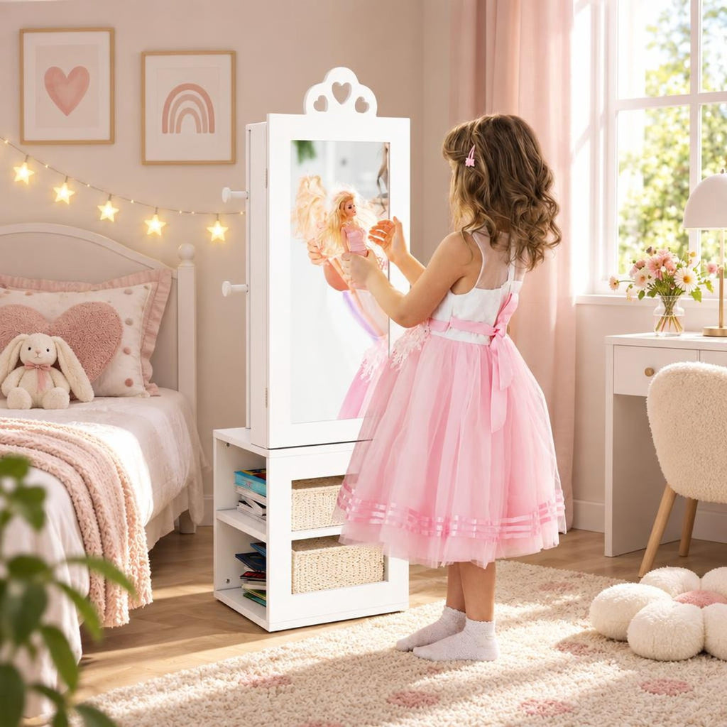 Airfind 3-in-1 Freestanding Kids Jewelry Cabinet Armoire with Full Length Mirror, MDF Frame, 13.5 x 12 x 46 Footprint, White