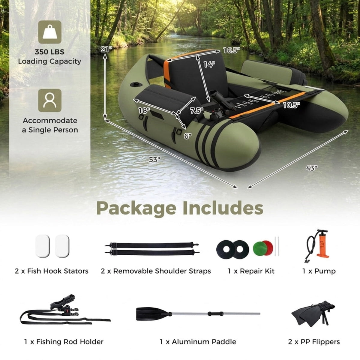 Airfind Inflatable Fishing Float Tube with foot pump and fish ruler plus mesh pockets and 350 lb heavy-duty PVC float seat for lake and pond bass fly fishing, Green