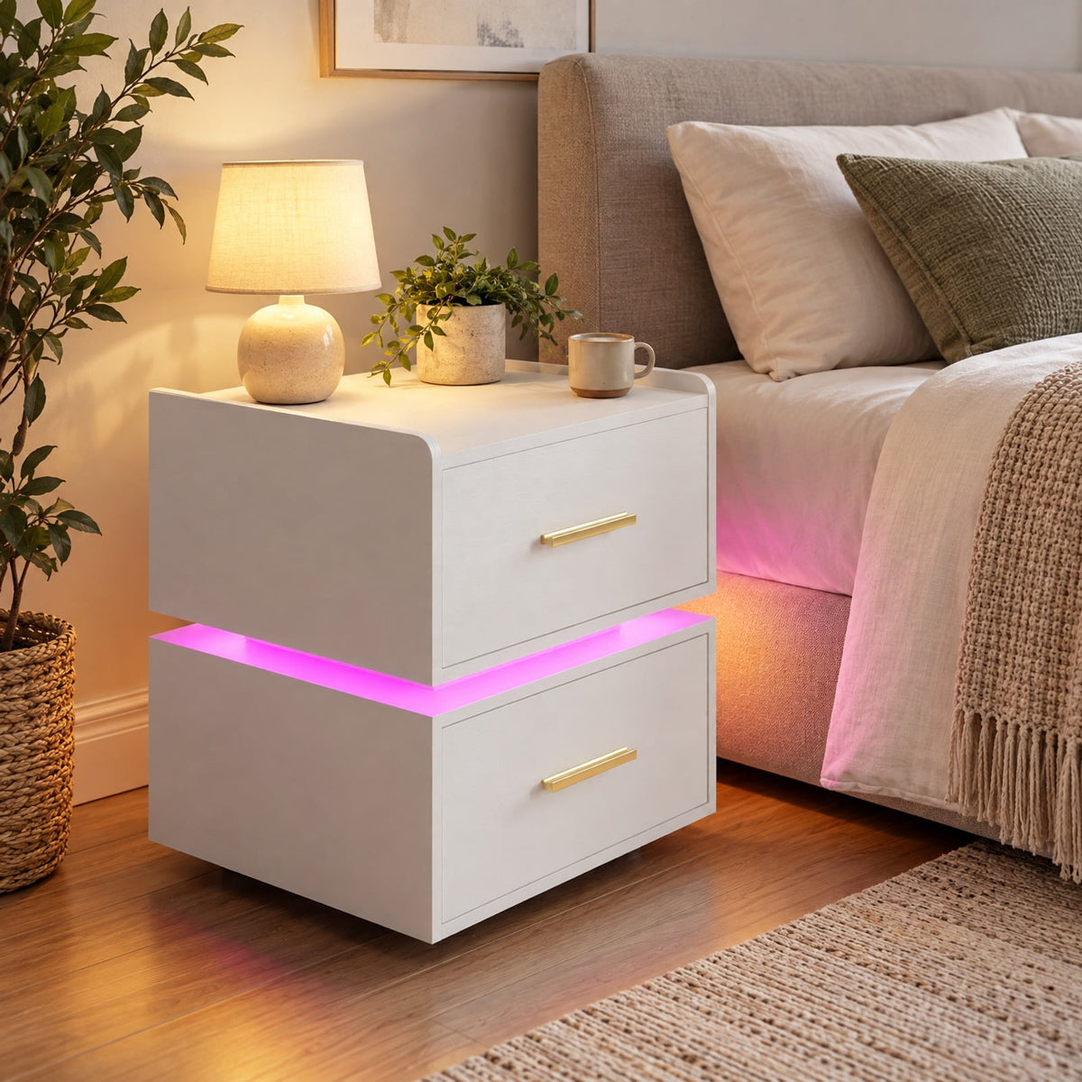 Airfind Nightstand with Charging Station LED Bedside Table with 2 Storage Drawers, 77 lbs Capacity, Engineered Wood MDF Metal Frame, White
