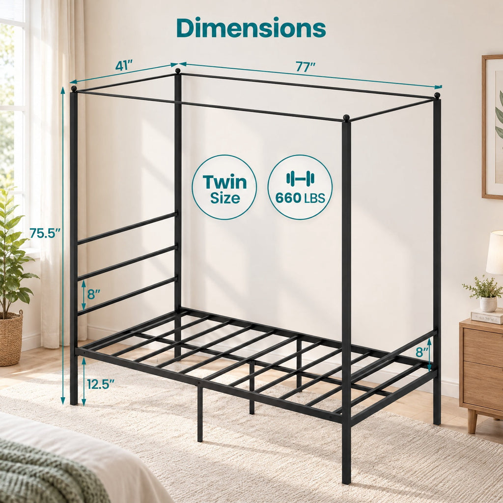 Airfind Twin/Full/Queen Size Metal Canopy Bed Frame with Slat Support, 660 lbs Capacity, Metal Clearance Between Bed and Floor: 12.5 Frame, Black