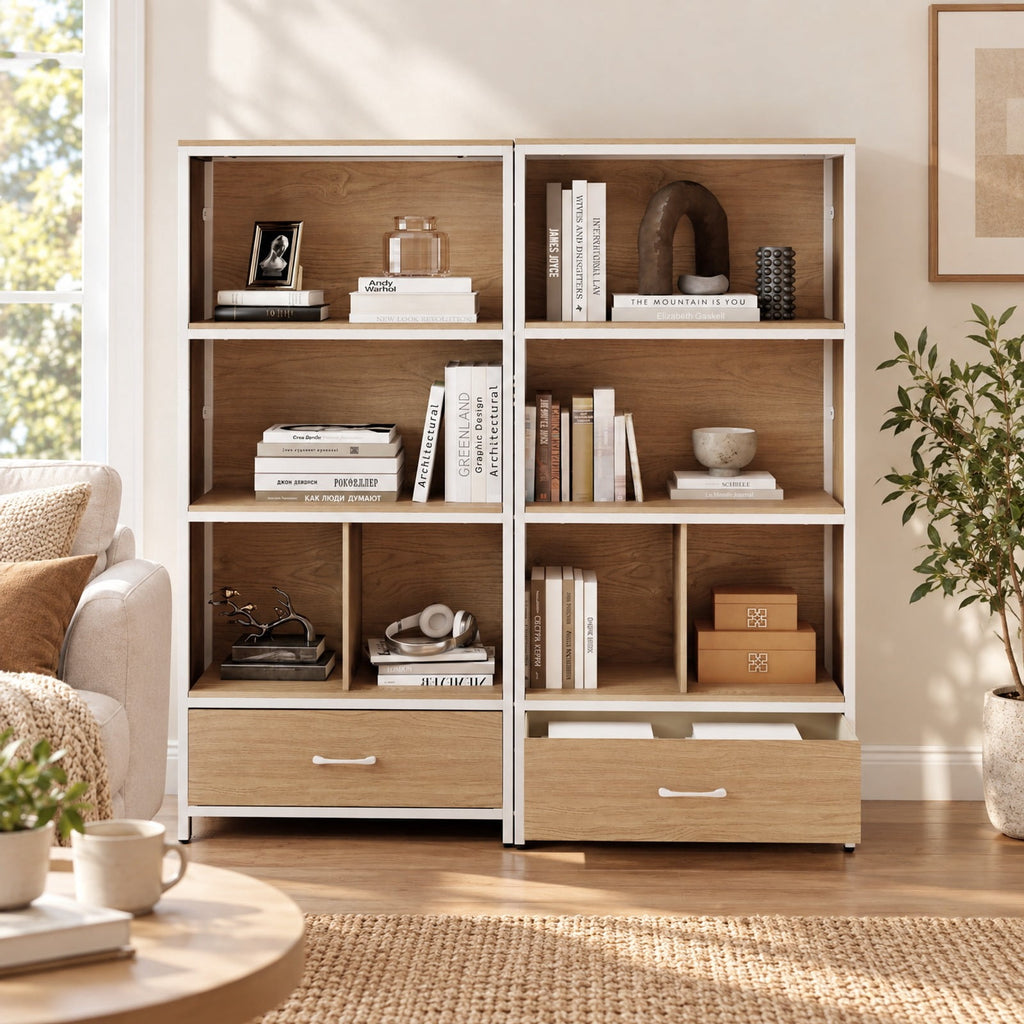 Airfind 56in Tall Freestanding Bookcase with Drawer 5 Tier, 44 lbs Capacity, Engineered Wood Metal Frame, 27in x 12in x 56in Footprint, Natural