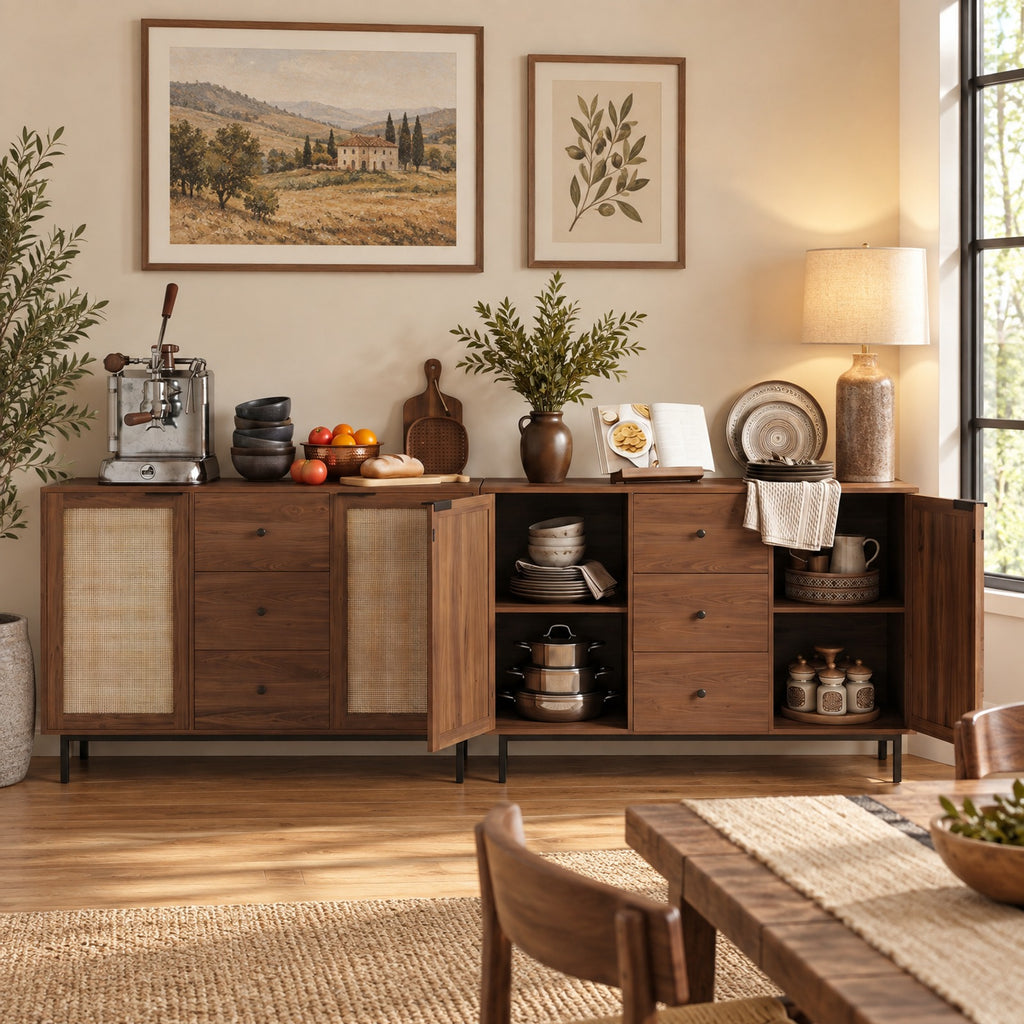 Airfind Sideboard Buffet Cabinet Rustic Farmhouse Coffee Bar Table with 2 Rattan Doors and 3 Drawers, 110 lbs Capacity, Engineered Wood Frame, Brown