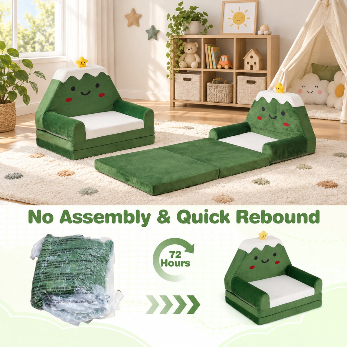Airfind 2-in-1 Convertible Kids Sofa to Lounger with Christmas Patterns, Ultra-soft Fabric Sponge Frame, for 18-36 Months Old, Green