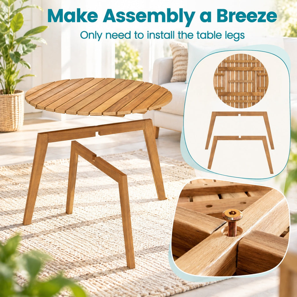 Airfind Round Outdoor Acacia Wood Side Table with Slatted Tabletop, 165 lbs Capacity, Acacia Wood Frame, 24.5 x 24.5 x 16 Footprint, Wood