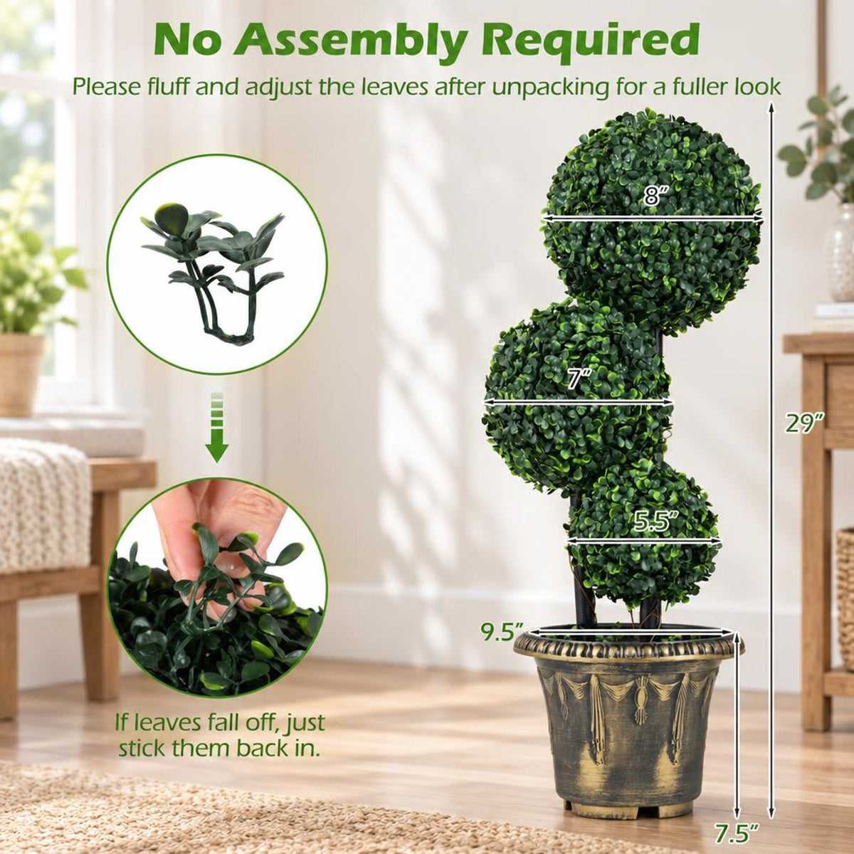 Airfind 29 Inches Artificial Boxwood Topiary Tree Triple Ball Shrubs, PE Metal Solid Wood Cement PP Tree Height 29 Inch/35 Inch Pot, Black