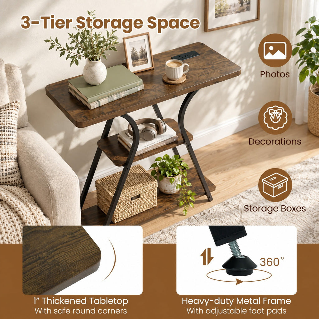 Airfind 32 Inch Narrow Long Entryway Table with Power Outlets and LED Lights, 88 lbs Capacity, Engineered Wood Metal Frame, Brown