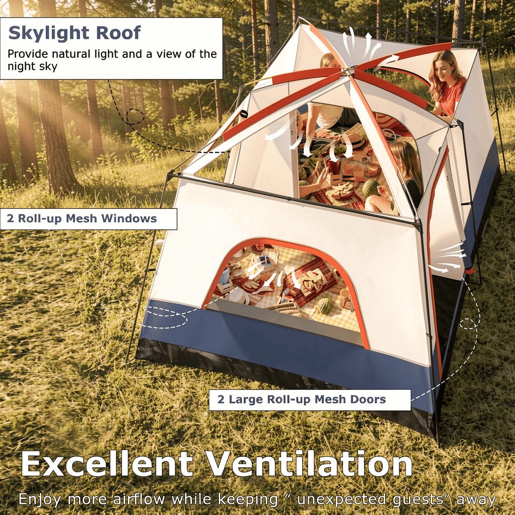Airfind 6-8 Person Large Family Camping Tent with Porch, 2 Rooms and 2 Doors, Waterproof Cabin Tent with Skylight and Rainfly, Navy