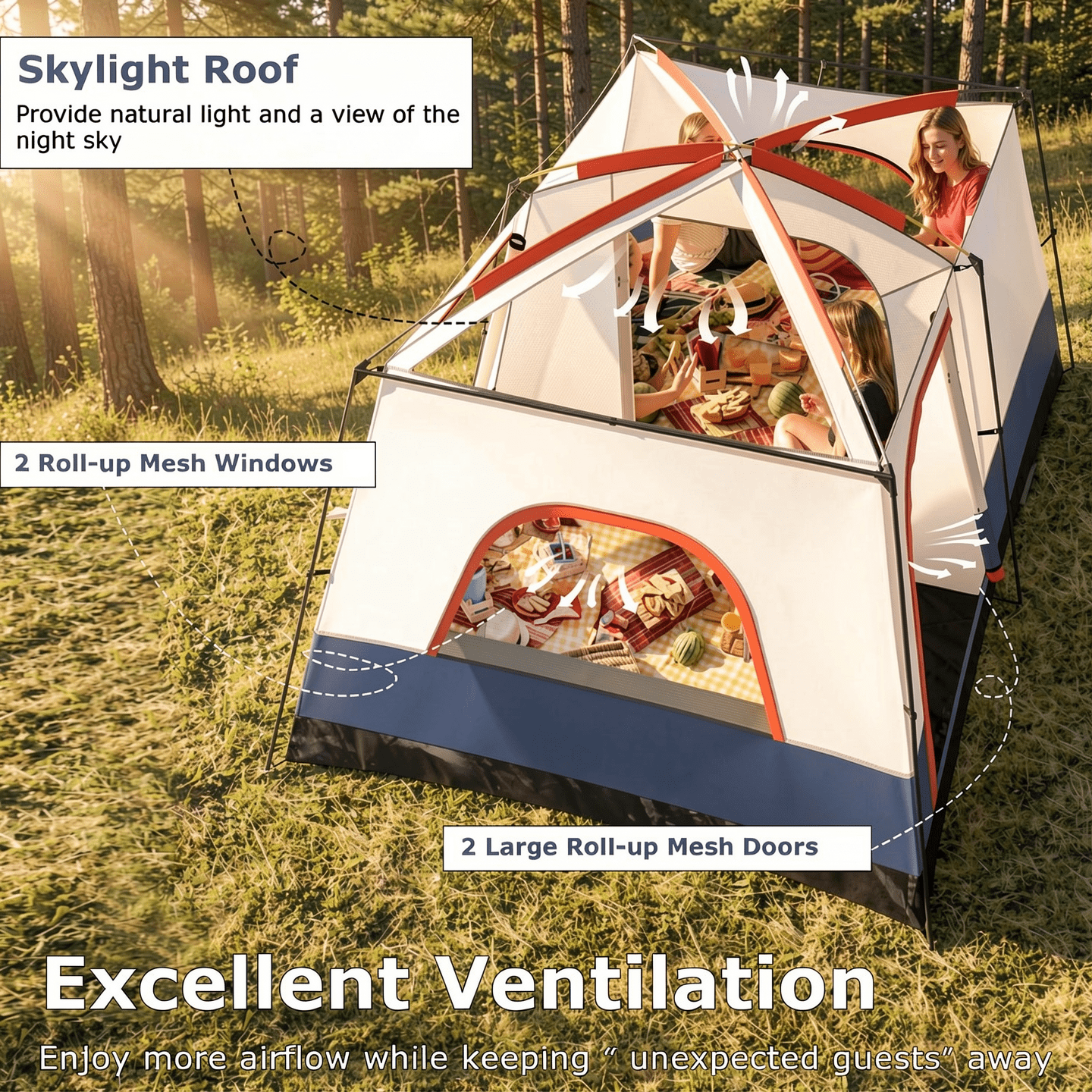 Airfind 6-8 Person Large Family Camping Tent with Porch, 2 Rooms and 2 Doors, Waterproof Cabin Tent with Skylight and Rainfly, Navy
