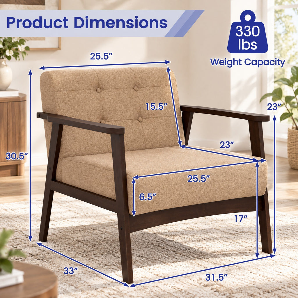 Airfind Rubber Wood Frame Accent Chair with Armrest for Living Room, 330 lbs Capacity, Rubber Wood Sponge Linen Fabric MDF Frame, Beige