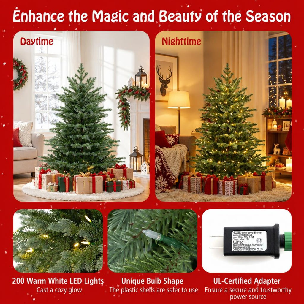 Airfind 5 Feet Artificial Christmas Tree with 1426 Lush PVC Branch Tips and 200 Warm White LED Lights, PVC PE Metal Frame, Green