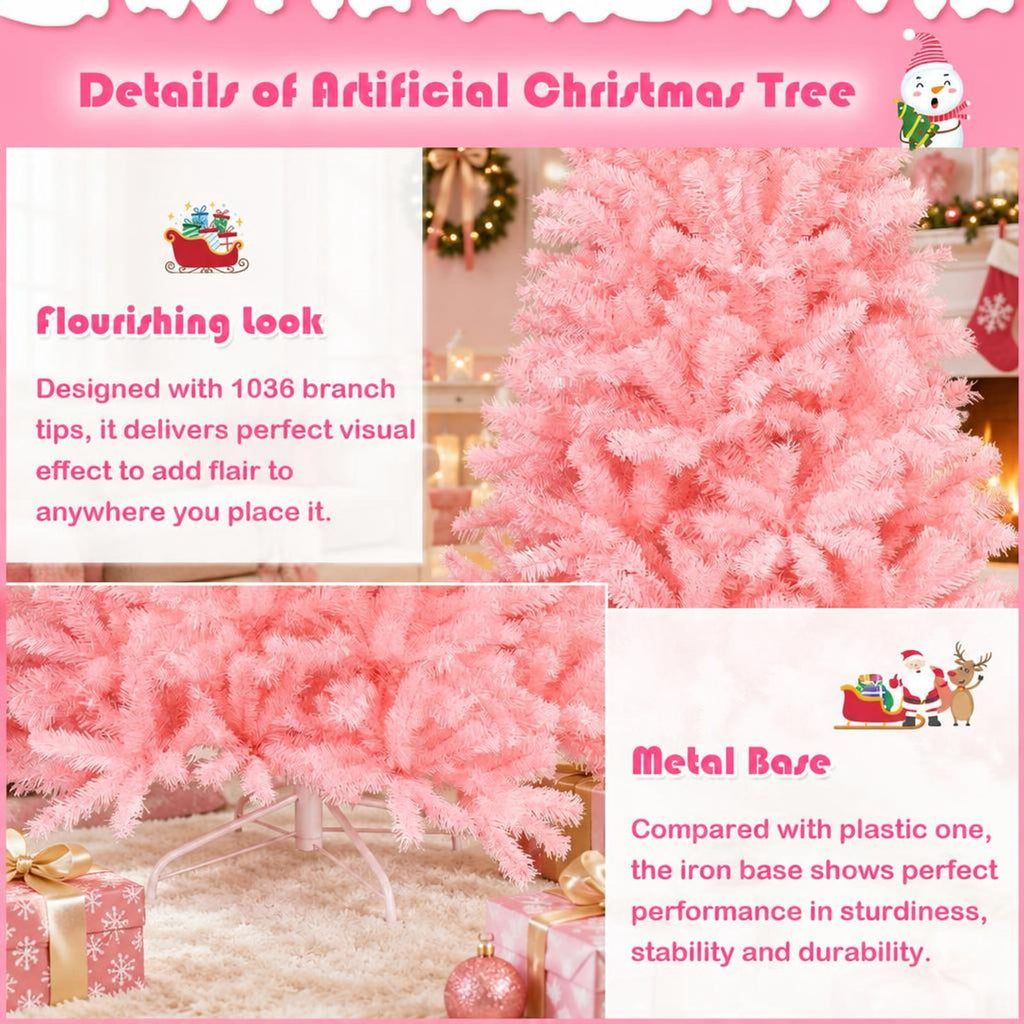 Airfind 6 Feet Pink Artificial Hinged Spruce Full Christmas Tree with Foldable Metal Stand, New PVC Frame, Pink