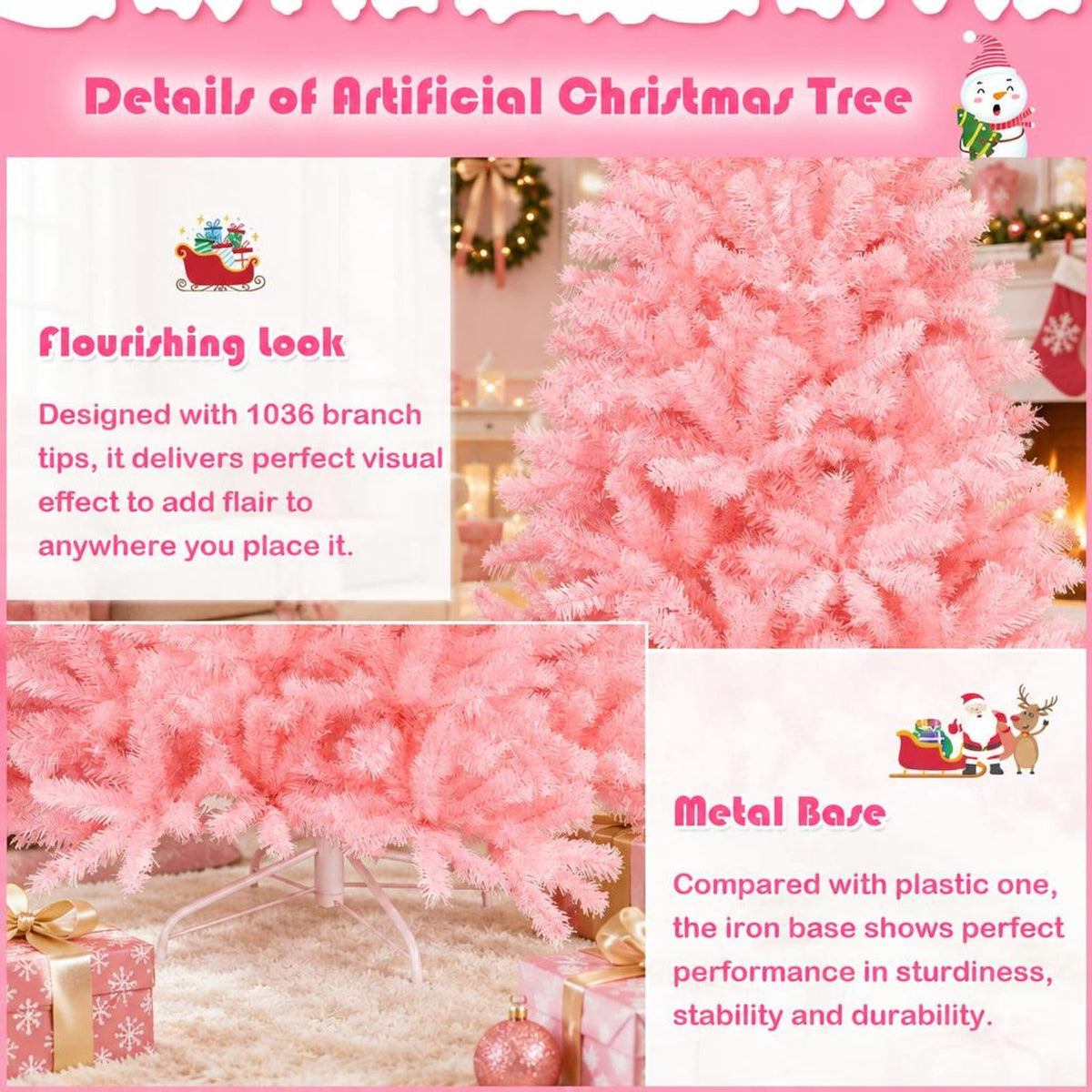 Airfind 6 Feet Pink Artificial Hinged Spruce Full Christmas Tree with Foldable Metal Stand, New PVC Frame, Pink