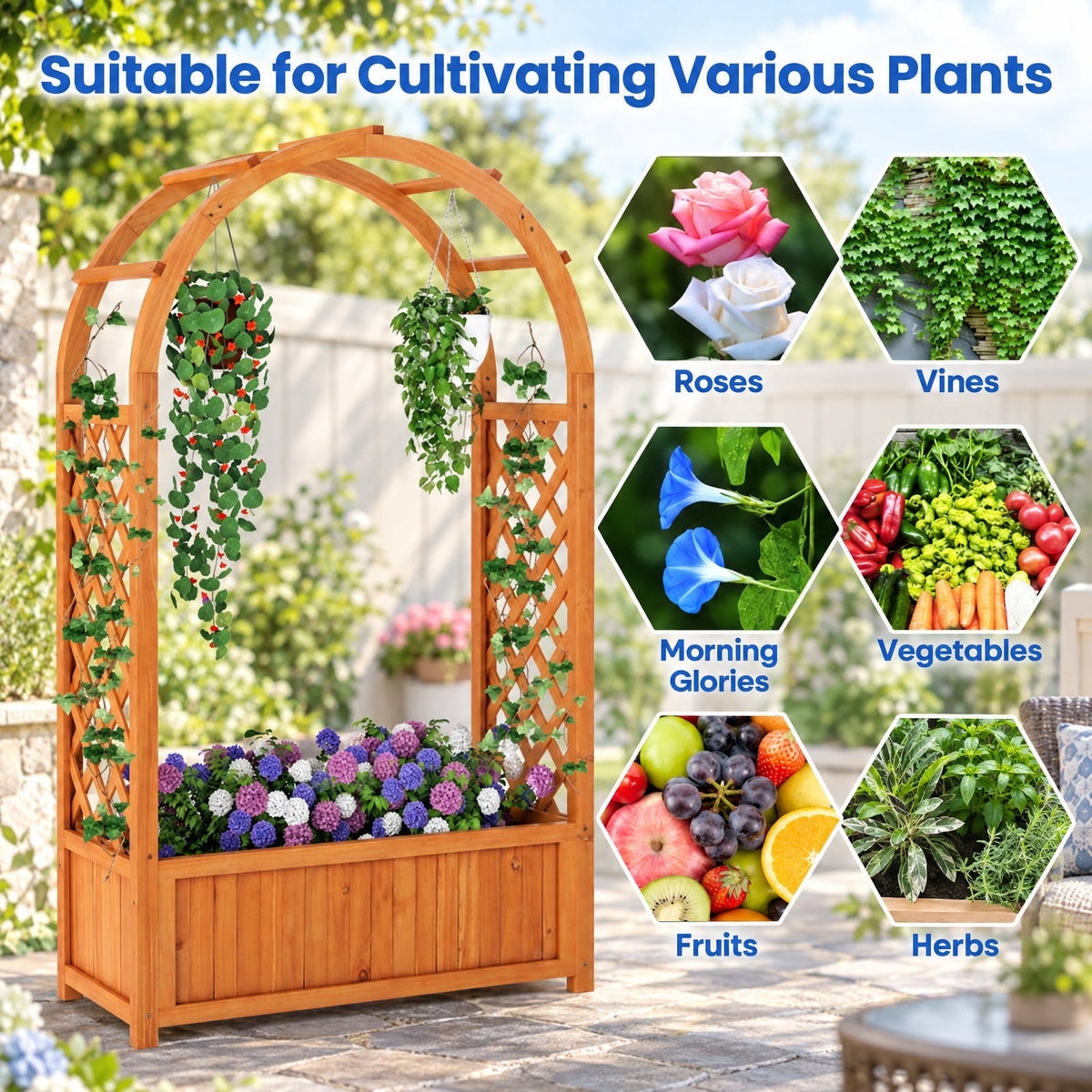 Airfind Raised Garden Bed with Lattice Trellis Ached Roof Wooden Elevated Planter Box, 88 lbs Capacity, Fir Wood Frame, Brown