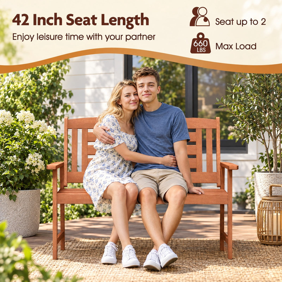 Airfind Outdoor Solid Wood Loveseat Hardwood 2, 660 lbs Capacity, Solid Wood Frame, 26 x 47.5 x 37 Footprint, Wood